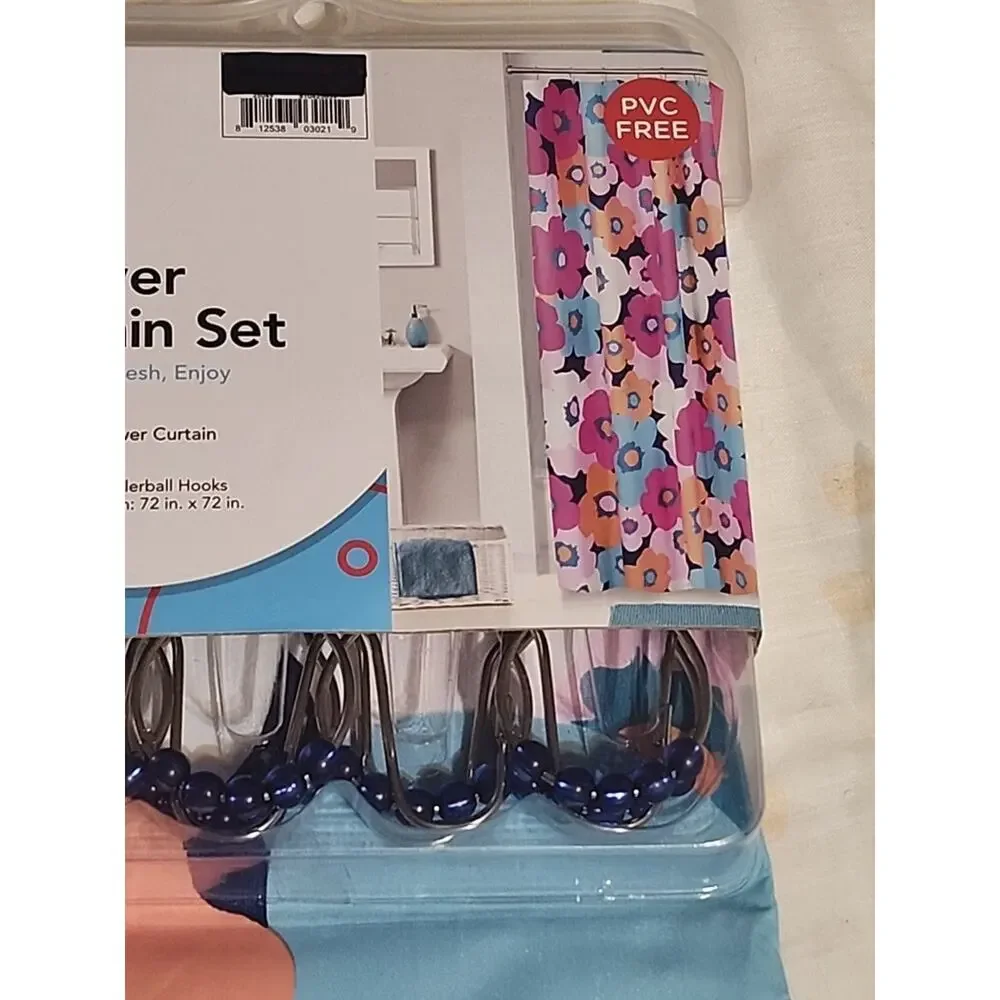 Just Home PVC Shower Curtain Set 13 pc Floral Multicolor Rollerball Hooks 72